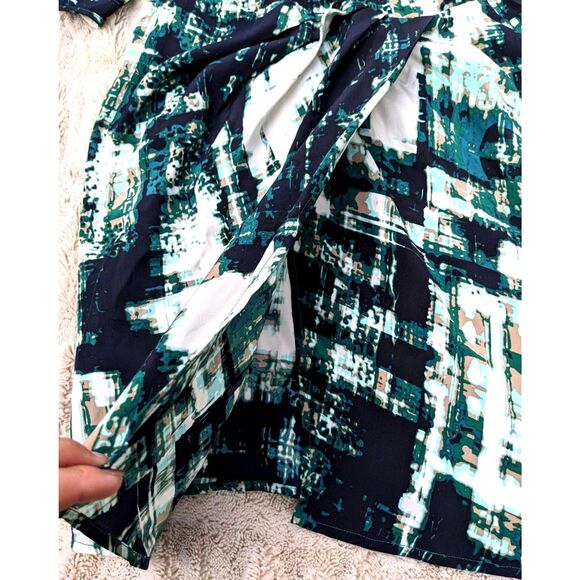 POLECI 100% Silk Abstract Print Surplice Faux Wrap Knee Length Dress, Fits 6/8 - Picture 8 of 12